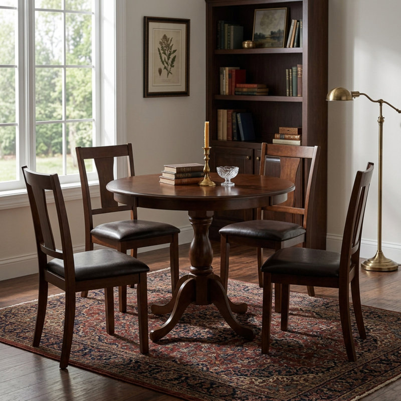 Ensemble table et chaises de salle à manger rondes en acajou, avec piètement double et dossier en X.