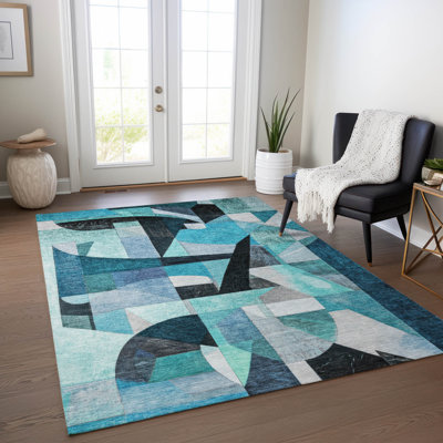 Machine Washable Indoor/Outdoor Xhevrie Teal Rug