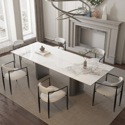 Santrez 7 - Piece 94.48" Extendable Sintered Stone Dining Table with 6 Fabric Chairs Dining Set