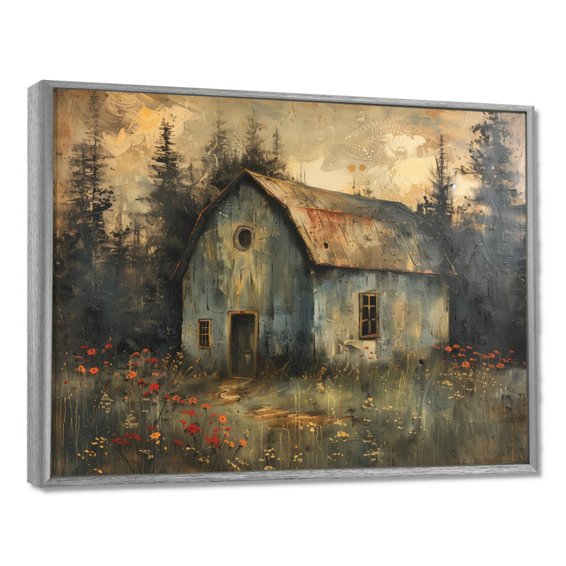 Gris, gris, hiver, chalet champêtre, Toile argentée avec cadre flottant, H 34 po x l 44 po x P 1,5 po