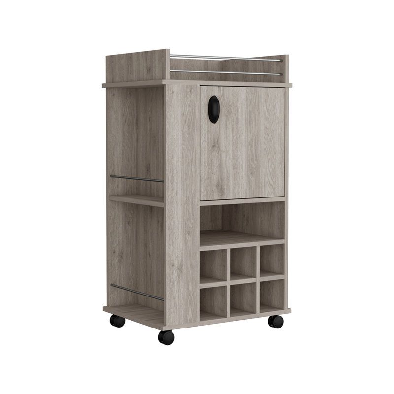 Fargo Bar Cart With Cabinet, 6 Built-In Wine Rack And Casters, Gray