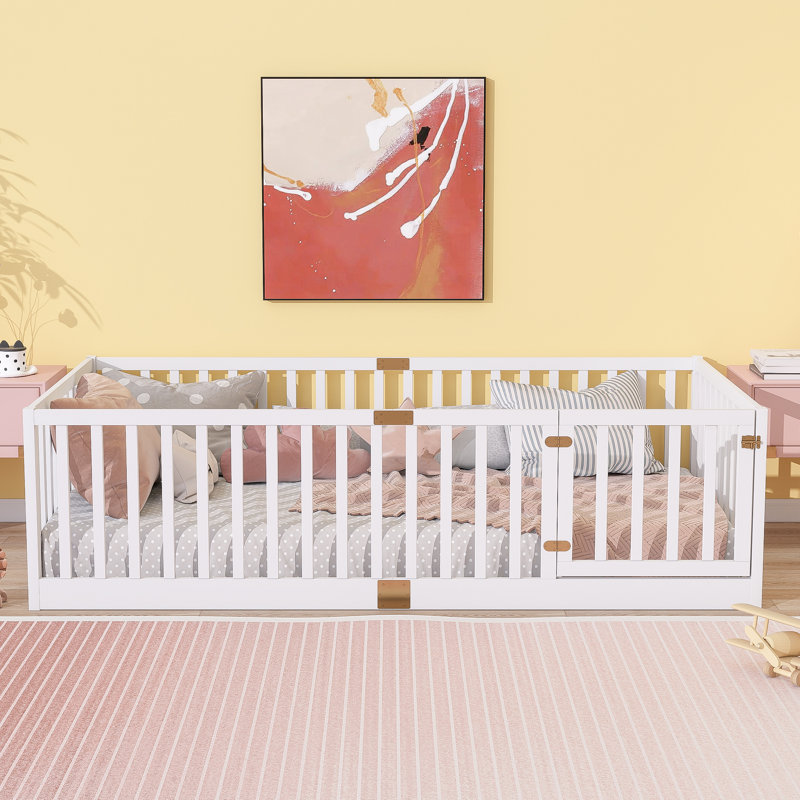 Twin Size Floor Bed with High Fence Railings, with Door, Rubber Wood Floor Bed with Safety Guardrails,White, Twin, White