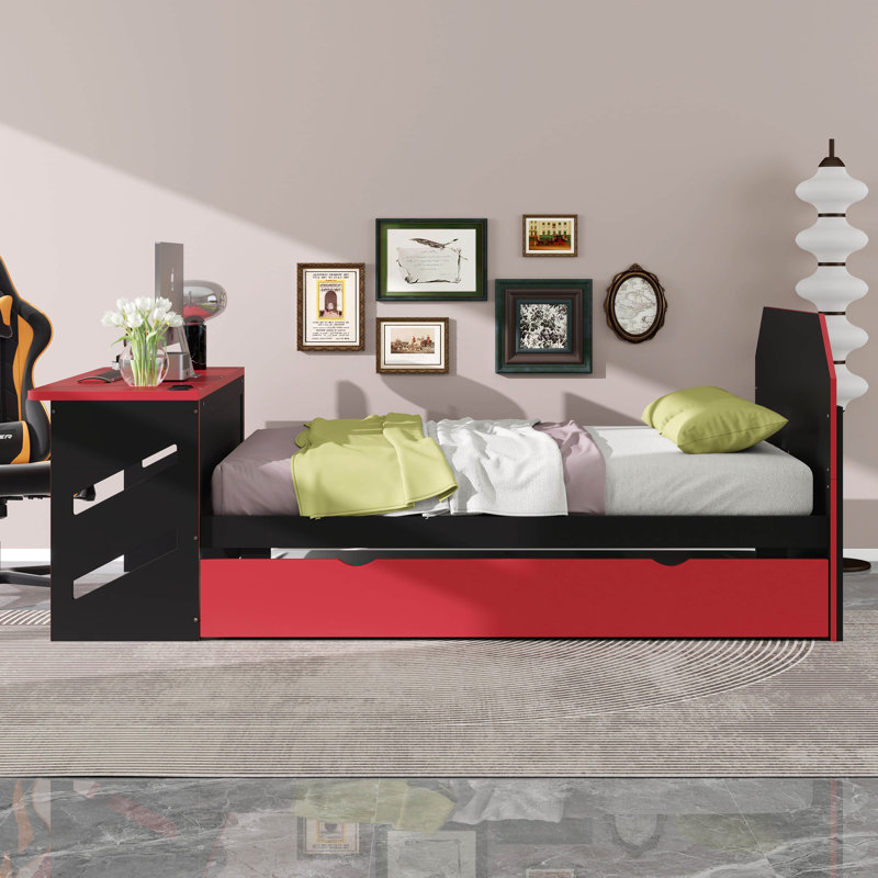Lit de jour double avec lit gigogne, cadre de lit de jour avec bureau, cadre de lit de jour avec port USB, Rouge