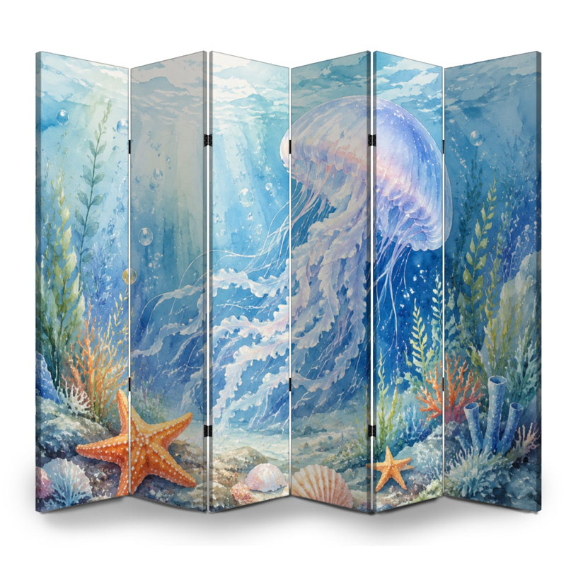 6 panneaux paravents pliables Paravent royal Scène sous-marine vibrante vie marine Aquarelle Toile écran Séparateur de pièce Autoportant Cloison de protection Cloison d'intimité pour salle de bain