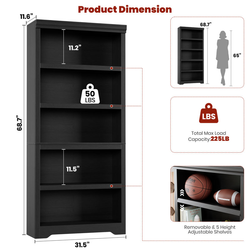 5-Tier Farmhouse Bookcase with Adjustable Shelves, Floor Standing Open Display Storage Rack, Anti-Slip Design, Black