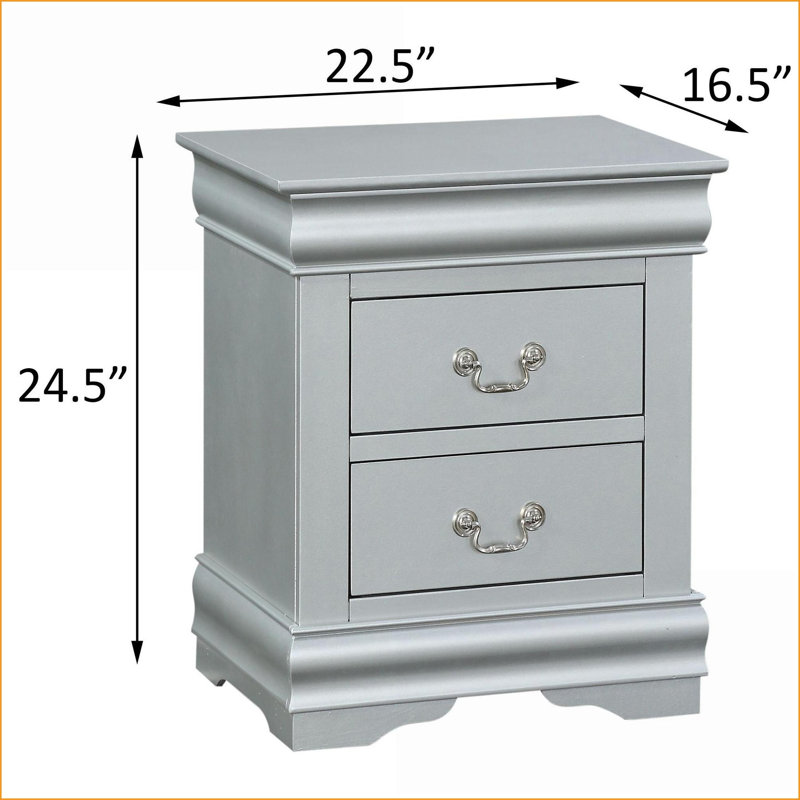 Table de chevet classique à 2 tiroirs avec glissières en métal - Platine, Argent argent