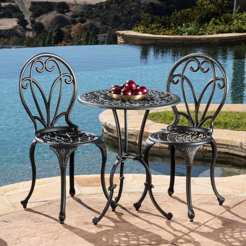 3 pièces Cast Bistro - Aluminium, Glamour extérieur gracieux, noir + or, chaises florales, -, pieds élégants, table,