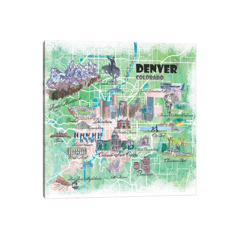 Denver Colorado USA Illustrated Map by Markus & Martina Bleichner - Wrapped Canvas Print