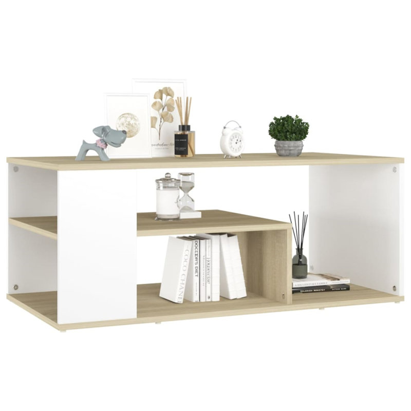 Table basse simple avec cadre en bois manufacturé avec rangement, Blanc / Chêne de Sonoma