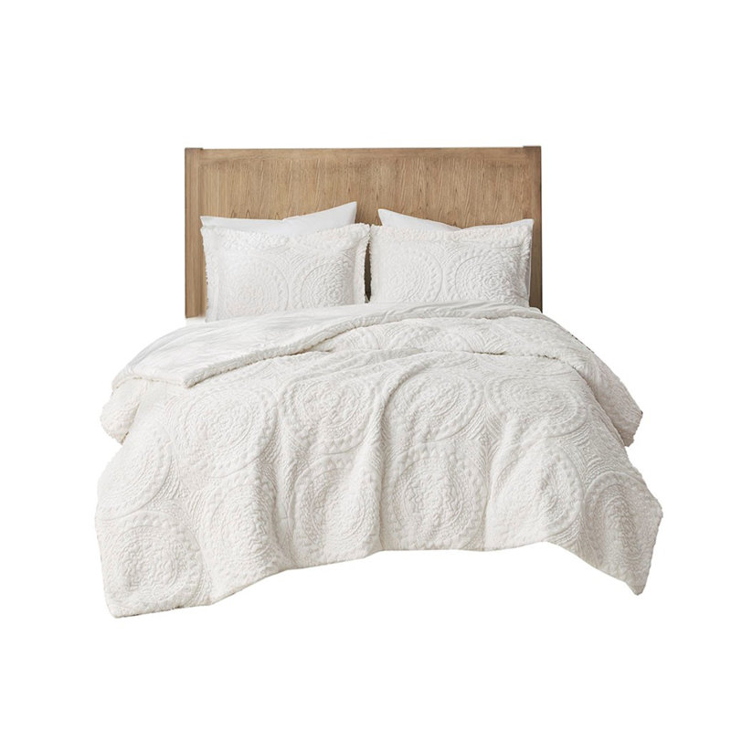 Mini ensemble d'édredon brodé en fausse fourrure, Blanc, Édredon pour lit simple + 1 taie décorative stan