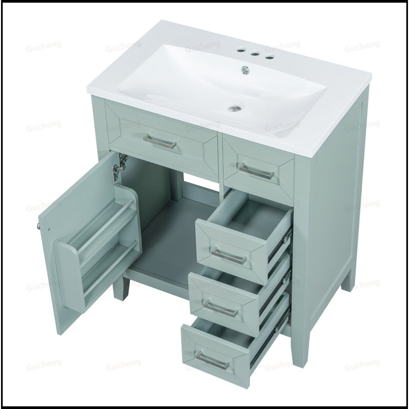 Meuble-lavabo en bois 30 po avec lavabo et tiroirs, Vert clair