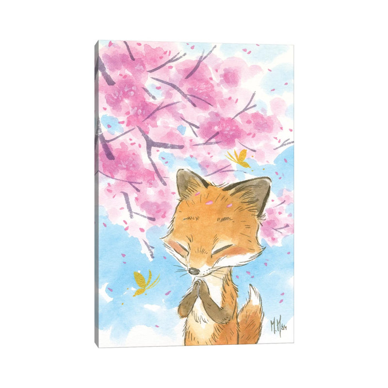 Cherry Blossom Fox by Martin Hsu - Painting on Canvas, Wrapped Canvas, 20.32 cm H x 30.48 cm W
