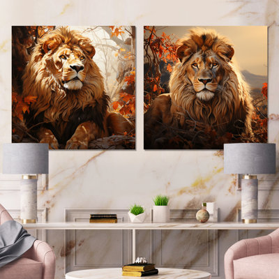 Golden Golden Lion, portrait africain I - Lion, impression sur métal, ensemble de 2 carrés