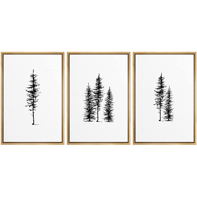 «Black and White Winter Pine Minimalist Modern», ensemble de 3 reproductions d'art encadrées sur toile, L 48 po x H 24 po