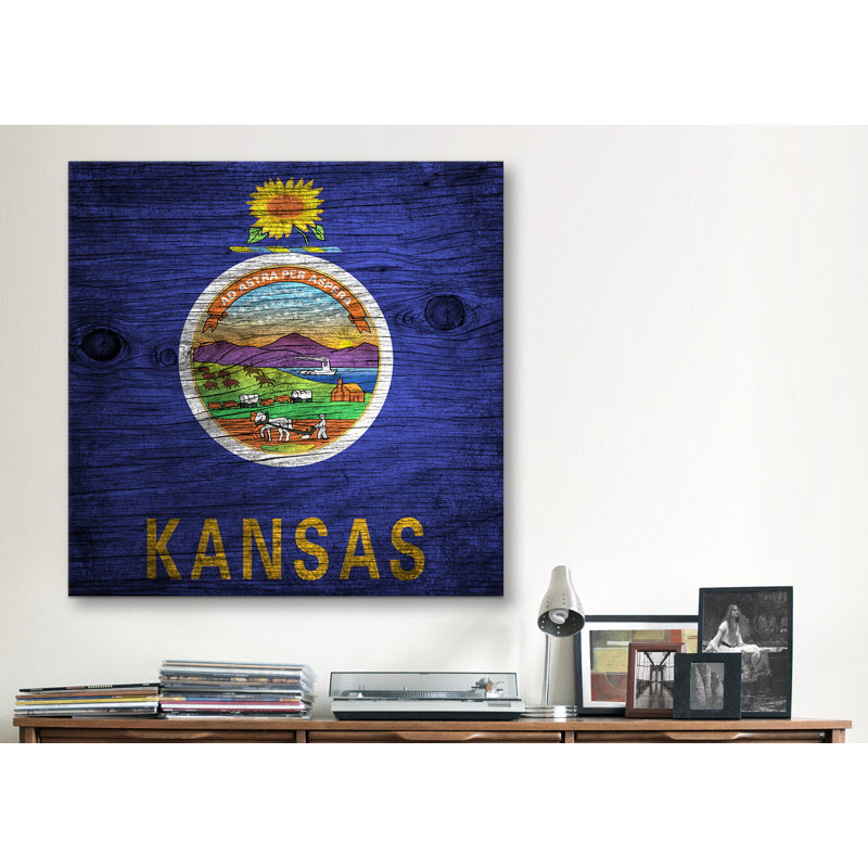Drapeau kansas, panneau de bois, impression sur toile, H 12 po x l 12 po x P 1,5 po