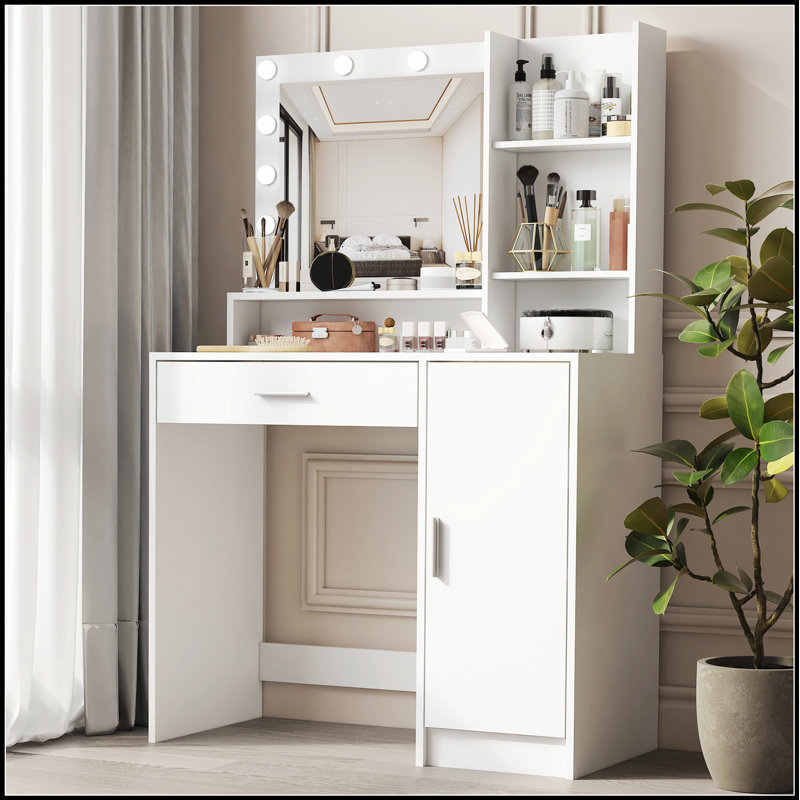 Vanity Desk With Mirror & Light, Large Drawer Three Level Storage Dresser, 3 Lighting Modes Adjustable Brightness, Bedroom Dressing Table
