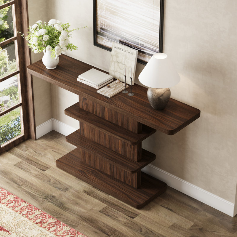 Console étroite avec tablettes ouvertes à 2 niveaux, Noyer brun