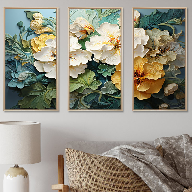 Ensemble de décoration murale beige et jaune Pensies Realistic Garden Splendor, Cadre naturel flottant