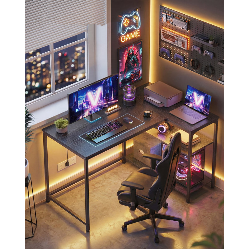 L-Shaped Steel Computer Desk, Black, 76cm H x 110cm W x 80cm D