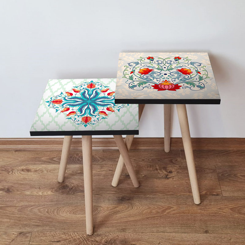 Elegant Nesting Tables (2 Pieces), Oriental Mandala Design, 13.8 x 18.5 x 13.8 in & 13.8 x 16.5 x 13.8 in | 100% MDF with Beech Wood Legs, Thickness: 0.7 in | Stylish & Functional for Living Room, Home Decor