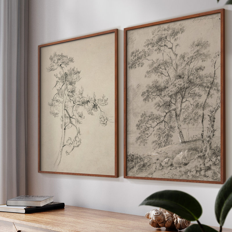 Croquis rétro, impression giclée encadrée - ensemble de 2, Cadre noyer, H 17 po x l 42 po