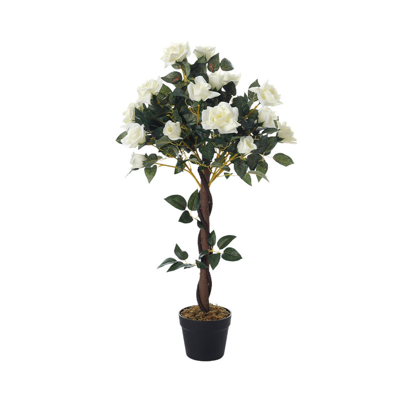 90cm Yellow Artificial Rose Flower Tree in Pot for Decoration, White