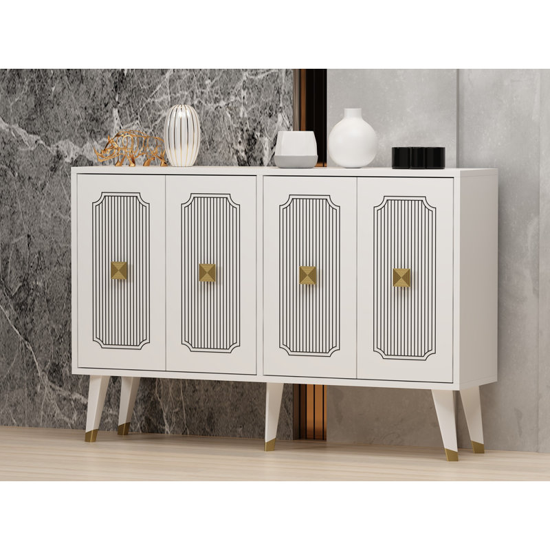 Modern White and Gold Console Table, 47.2 x 31.5 x 11.8 inches | 100% Melamine Coated Particle Board, Thickness: 0.7 inches | Elegant Design for Living Room, Entryway & Office, Glamorous Striped Finish