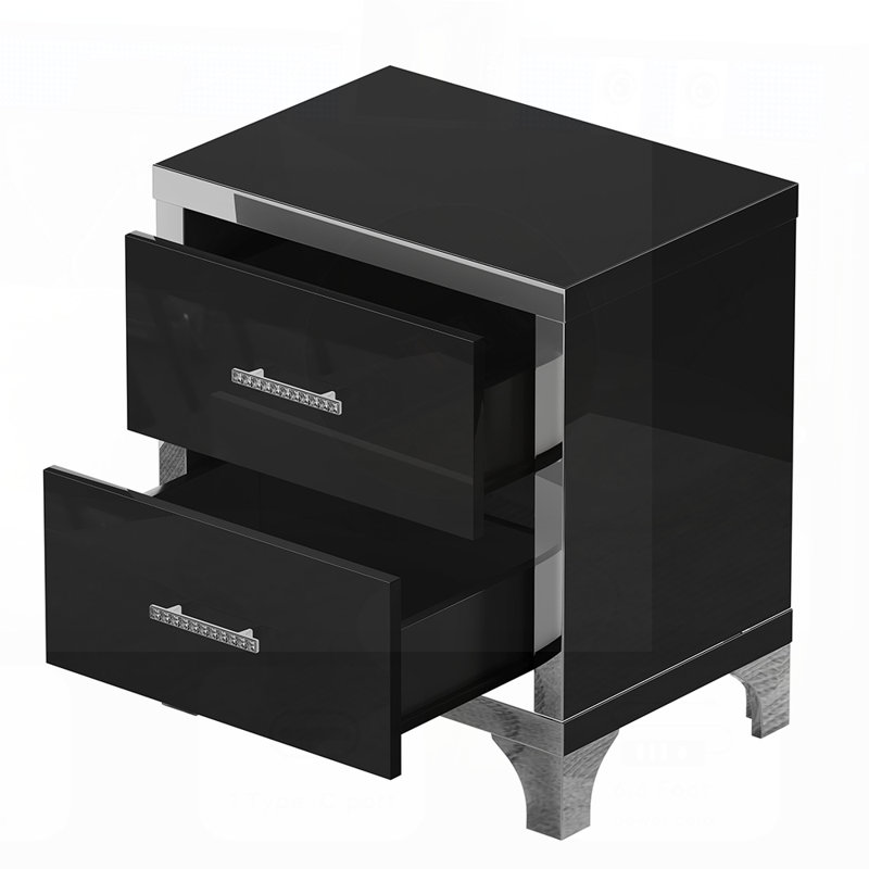 High Gloss Mirrored Nightstand with 2 Drawers, Modern and Elegant Design for Compact Spaces, Black