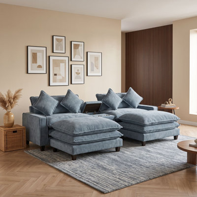 Canapé d'angle moderne en chenille avec ports de chargement USB, porte-gobelets, rangement dissimulé et poufs amovibles