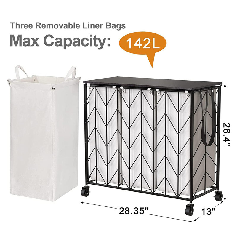142L Laundry Hamper 3 Section with Lid, Beige