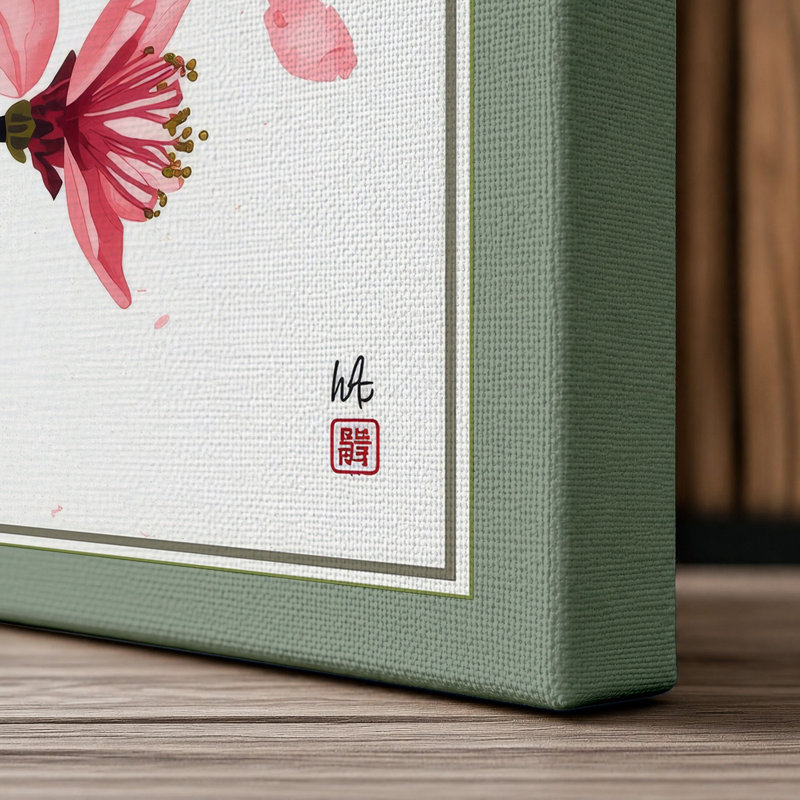 Moonlit Cherry Blossom Japandi - Wrapped Canvas, 36x24 - 91.4 x 61.0 cm, Sage Border