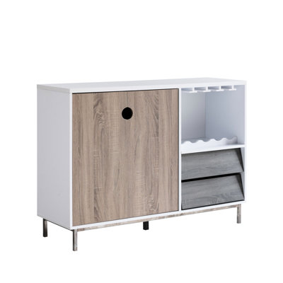 Wooden Display Rack, Cabinet With Drawer, Holds 6 Wine Glass, White & Dark Taupe & Distressed Grey