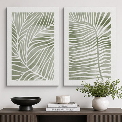 Abstract Botanical "Faded Sage Green Tropical Palm Tree Leaves Artwork, Modern Simple Minimalist Wall Pictures, Framed Canvas Giclee Print 2 Pieces Wall Art Set" 16x24x2 pcs, 24x36x2 pcs