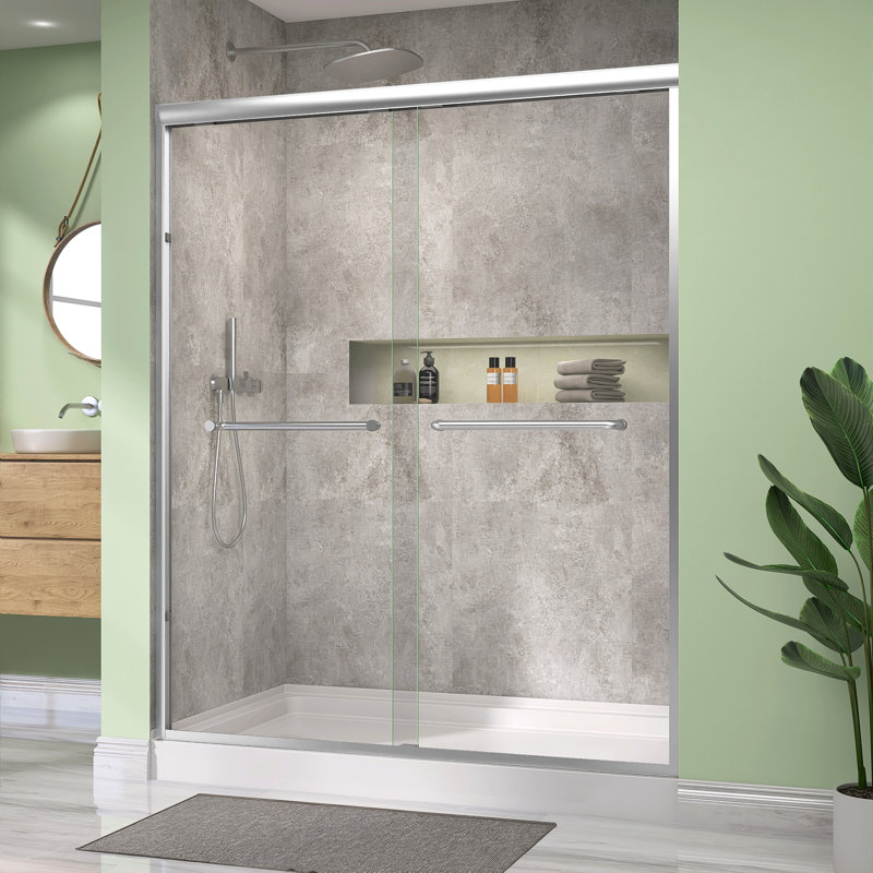 56" - 60" W X 72" H Double Sliding Semi-Frameless Shower Door With 1/4" Clear Tempered Glass, Brushed Nickel