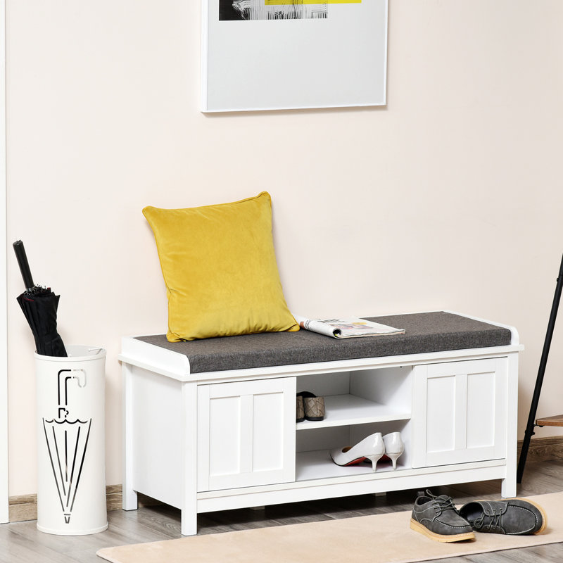 Entryway Shoe Bench, Storage Ottoman Bench With Adjustable Shelf, White