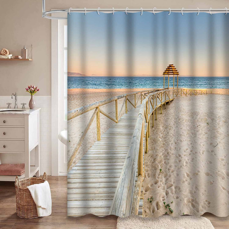 Scène de plage en bois, côte, Espagne, paysage, sable méditerranéen, rivage avec 12 crochets, 72" L x 84" W