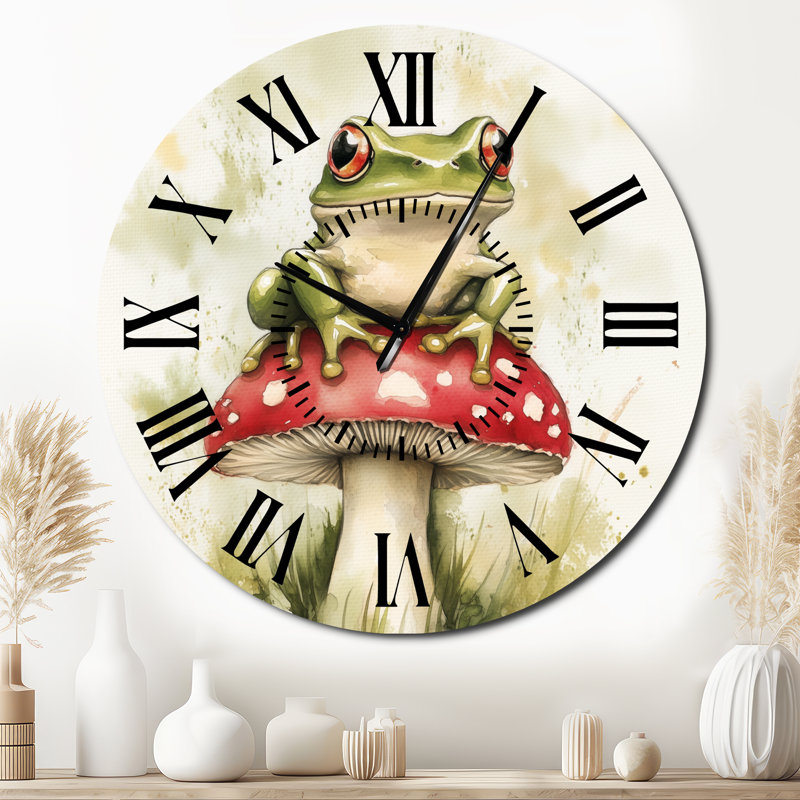 Horloge murale silencieuse en métal « Grenouille sur champignon des bois » - Style cottage, Surdimensionné