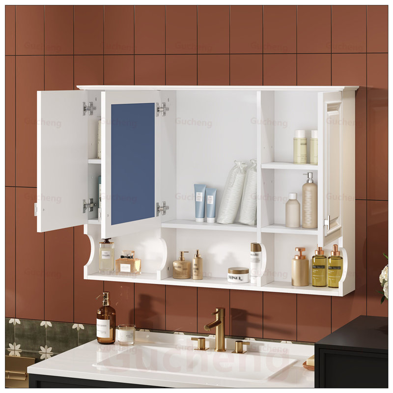 Armoire de toilette murale à miroir avec tablettes ouvertes, tablette réglable et rangement dissimulé pour les toilettes modernes