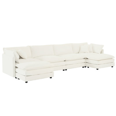Solid Wood Frame Sectional, U-Shape In White Chenille With Double Ottomans For Stability Sectional Chenille, Sponge And Living Room