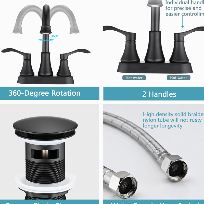 Matte Black Bathroom Faucet 4 Inches , 360 Swivel Spout With Pop Up Drain, Robust Metal Construction, & , Rust-, Water Soft Bubble Stream, Stable Drip- Ceramic Disc Cartridge, Elegant Double Handles