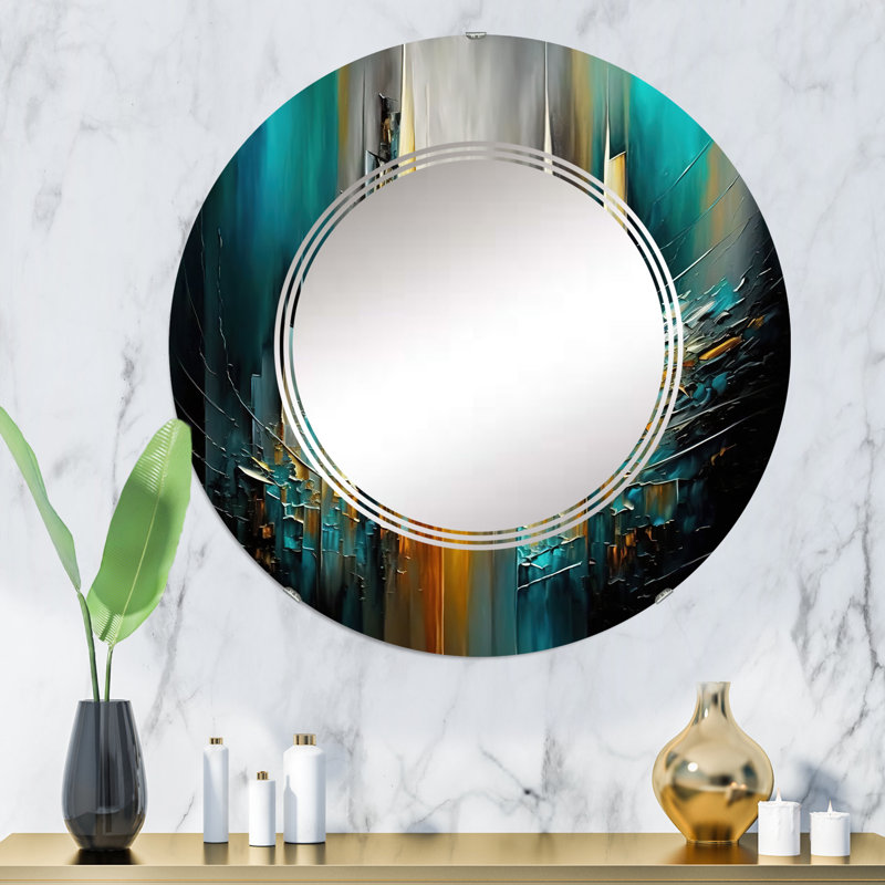 Abstrait géométrique vert et jaune - Miroir mural géométrique moderne, 32 po x 32 po