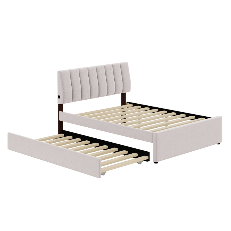 Upholstered Platform Bed With Trundle, Beige