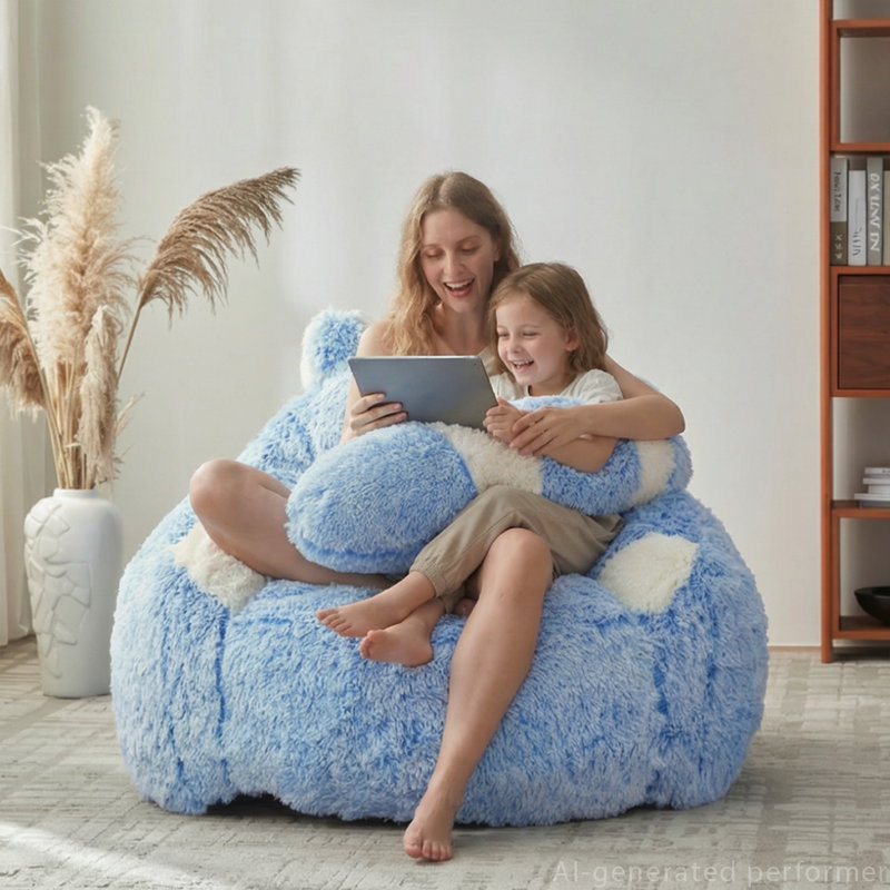 Raccoon Design Faux Rabbit Fur Bean Bag Chair with Detachable Tail Pillow, for Adults & Kids, Blue Faux Fur
