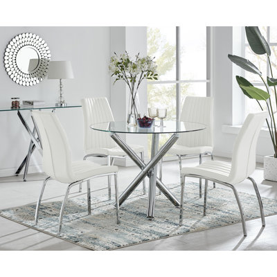 Seline Modern Round Dining Table Set in Glass and Chrome with 4 Soft Touch Faux Leather Chairs