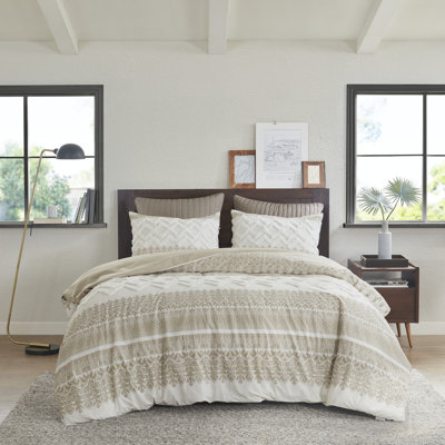 Mila Taupe 100% Cotton 3-Piece King/Cal King Duvet Cover Set with Chenille Tufting