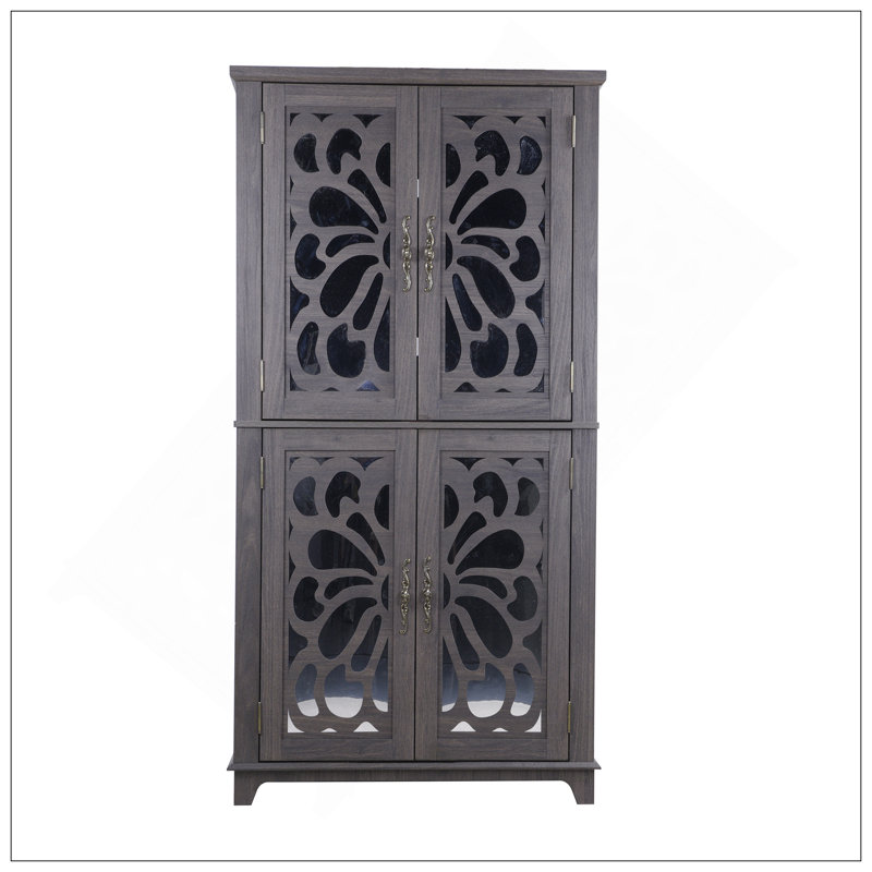 Buffet présentoir avec 4 portes en miroir en acrylique, armoire de rangement à tablettes réglables pour la cuisine, le salon, l'armoire de chambre à coucher, panneau de fibres à densité moyenne finition brun foncé