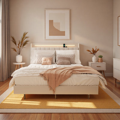Tête de lit avec tête de lit tapissier à DEL et espace de rangement dissimulé, sans sommier tapissier, beige