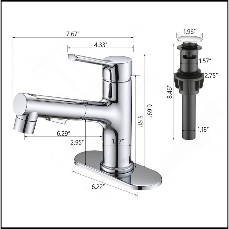 Robinet de lavabo de salle de bain avec douchette extractible, robinet de lavabo de salle de bain moderne à poignée simple avec bouchon de bonde escamotable et plaque de pont
