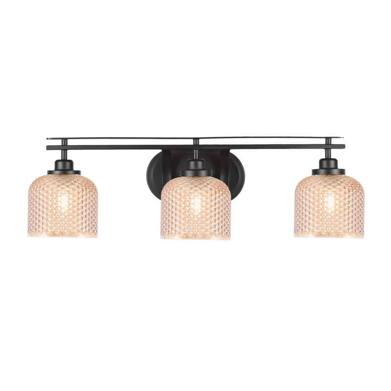 Barre d'éclairage de salle de bain 3 lumières Waynesfield au fini noir mat avec verre texturé ambre de 6 po