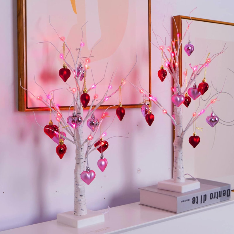 2-Pack Valentine’S Day Lighted Birch Trees With Heart Ornaments – USB & Battery